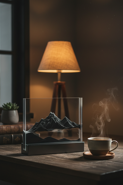 3D moving sand art frame on dark wood desk with mountain landscape in black sand, warm lamp light in cozy home office